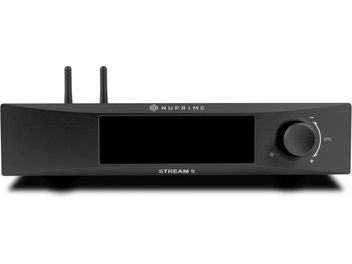 Lettore audio di rete NuPrime Stream 9X nero, vista frontale con schermo centrale, manopola e due antenne posteriori