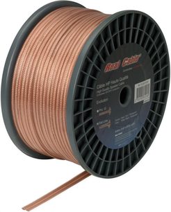 Котушка прозорого мідного аудіокабелю Real Cable FL400T з помаранчевою оболонкою на білому фоні