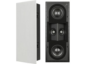 Sonance R1SUR iebūvējamā skaļruņu sistēma, skats no priekšpuses, balta korpusa kaste, melna režģa restīte ar 3 redzamiem apaļiem skaļruņiem