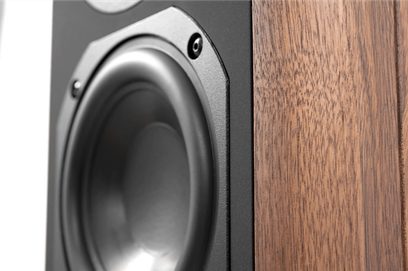 Hi-Fi reproduktor v detailním pohledu ze tří čtvrtin, kovově šedý woofer upevněný na matném černém bafflu s viditelnými šrouby, boční strana s dýhou hnědého mramorovaného dřeva