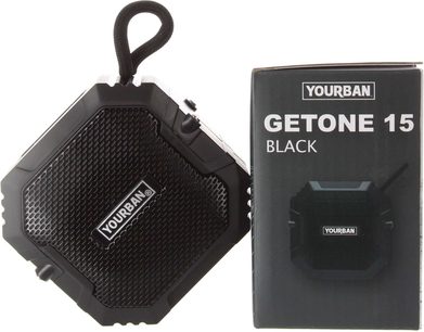 Yourban Getone 15 siyah kare Bluetooth hoparlör, dokulu ön ızgara, askı halkası, sağ tarafta kutusu