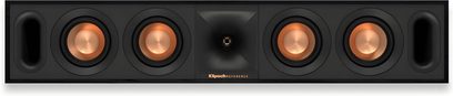 Černý centrální reproduktor Klipsch, pohled zepředu, 4 woofery s měděnými kovovými membránami, centrální výškový reproduktor s ozvučnicí, 2 basové reflexní otvory