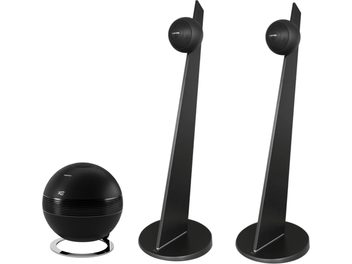 Two black Cabasse iO3 speakers on black stands and a matte black spherical The Pearl SUB subwoofer, viewed from the front