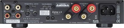 „Parasound Zamp v3" sidabrinės spalvos galios stiprintuvas, galinis vaizdas, detalus vaizdas, garso jungtys ir jungikliai