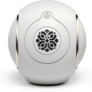 DEVIALET Phantom Ultimate 98 dB Light Pearl stereo, biały głośnik, owalna obudowa z tworzywa sztucznego, widok z przodu, perforowana osłona
