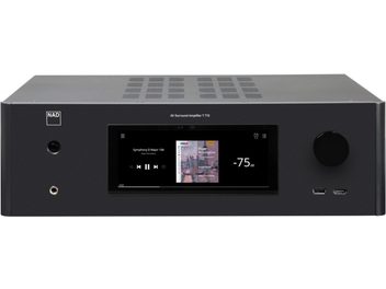 Amplificator home cinema NAD T778 văzut din față, afișaj "-75 dB", porturi USB și HDMI, butoane de control, carcasă neagră dreptunghiulară