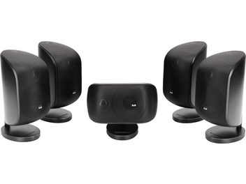 Black B&W M1 MK2 5.0 compact speaker pack, 1 center and 4 satellite speakers, on stands, front view