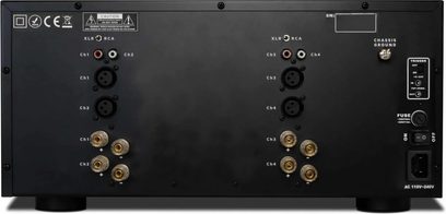 IOTAVX AVXP 4-160 multikanals effektforstærker, sort bagpanel med XLR- og RCA-indgange, højttalerterminaler ch1 til ch4