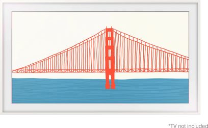 Samsung The Frame 55 inch wit tv-frame met afbeelding van een rode hangbrug boven een blauwe zee