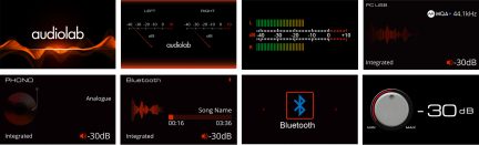 Eight black screens displaying graphs, texts, gauges, Bluetooth icons, buttons, and audio levels in red, orange, and white