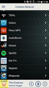 Skærmbillede af en mobil lydafspiller-app, der viser en liste over musiktjenester til streaming