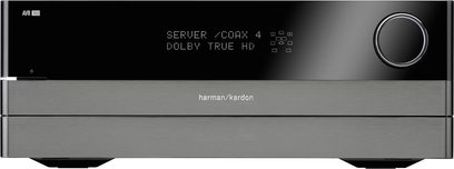 Harman Kardon AVR-760 home theater receiver, black front panel with blue display, silver buttons and knob