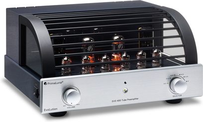 PrimaLuna EVO 400 stereo stiprintuvas, sidabro spalvos, vaizdas iš priekio, matomi vakuuminiai vamzdeliai, rankenėlės ir perjungiklis