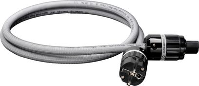 Síťový napájecí kabel GigaWatt PowerSync 1,5 m, šedý textilní oplet, černé boční konektory Schuko a IEC