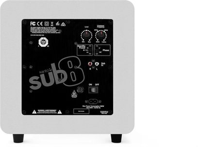 Subwoofer Kanto SUB8 z białego matowego MDF, widok z tyłu ukazujący czarny panel sterowania z dwoma radełkowanymi pokrętłami, przełącznikami i gniazdami RCA, ustawiony na czterech czarnych nóżkach