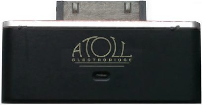 Sort Atoll Elektronik Wi-Fi-udvidelseskort, set forfra, med gylden "Atoll"-logo i relief på toppen