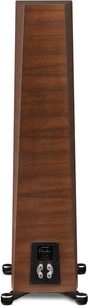 Paradigm Founder 100F floorstanding speaker in walnut finish, front view, dark wood, black speakers, black base