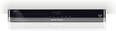 Harman Kardon BDT 30 4K Blu-ray-afspiller set forfra, blå skærm, trykfølsomme knapper, sort og sølvfarvet front