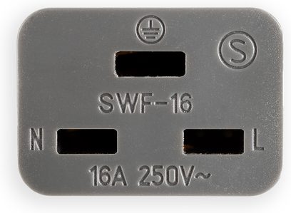 Supra LORAD 2.5 CS-16-EU stikprop i grå plast, forfra set, med tre huller N/L/jord, mærket SWF-16, 16A 250V