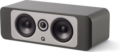 Q Acoustics Concept 90 centralhøjttaler i grå lak, set forfra, med afrundet rektangulær form, 2 sorte højttalere
