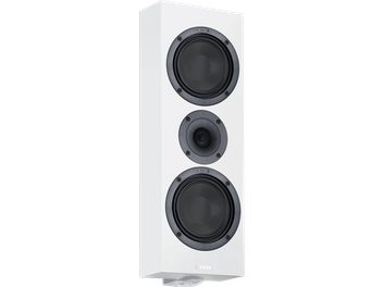 Väggmonterad högtalare Canton GLE 15 PRO SS2 matt vit, vy i trekvartsläge, front med två svarta woofers och centrerad diskant