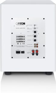 Canton Townus 12 Sub subwoofer i matt hvit, bakside med digital forsterkerpanel og tilkoblinger