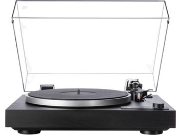 Czarny gramofon hi-fi Dual CS 529 BT z drewnianą obudową, szarą metalową talerzą, przezroczystą podniesioną pokrywą, widocznym ramieniem i przyciskami, widok z przodu