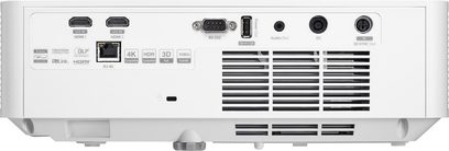 Optoma GT3500HDR beyaz videoprojektör, ön görünüm, HDMI, RS-232, ses, DC ve 3D Sync bağlantı noktalarıyla