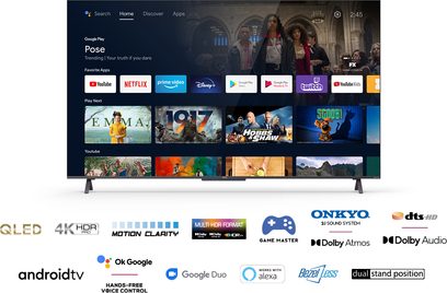TCL 65C721-fjernsyn, der viser Google Play-grænsefladen med miniaturebilleder af film, tv-serier og apps