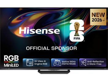 Televisor Hisense 55UR8S vista frontal, pantalla de borde fino con visual abstracto multicolor y soporte central