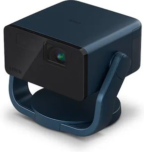 Epson EF-22N videoprojektor, mørkeblå rektangulær kasse, synlig linse foran, integreret cirkulært drejeligt stativ