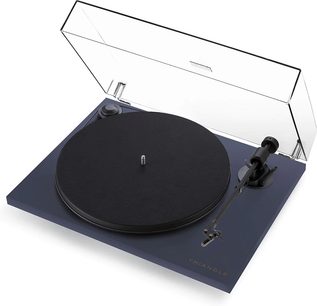 Mørkeblå Triangle pladespiller, gennemsigtig låg, sort pladetallerken, tonearm, koniske fødder