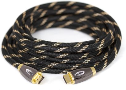 HCS Optimal HDMI kabel 10 m černý a zlatý, opletený, pozlacené HDMI konektory, spirálově navinutý, detailní pohled