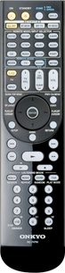 Sort Onkyo RC-799M fjernbetjening med mange grå og hvide knapper, set forfra