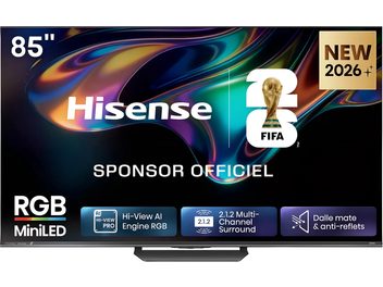 Televisor Hisense de 85 pulgadas con bordes finos sobre soporte central, imagen colorida RGB MiniLED, vista frontal