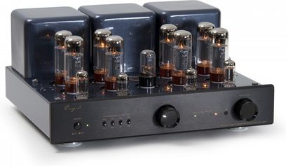 Cayin CS-100A EL34 siyah tüp entegre stereo amplifikatör, siyah metal şasi ve görünür cam tüpler, arkada üç kare transformatör bloğu, ön panelde iki büyük döner düğme ve LED göstergeler, üç çeyrek ön görünüm