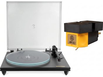 Juodas vinilinių plokštelių grotuvas su pakeltu dangčiu ir šalia pateikta oranžine bei juoda Nagaoka MP-110 phono galvute