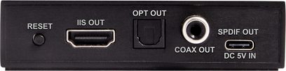 Nuprime BTR-HD juodas belaidis siųstuvas, priekinis vaizdas, su SPDIF out, Coax out, Opt out, IIS out, DC 5V in ir Reset jungtimis
