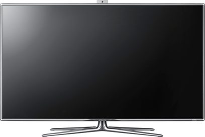 Téléviseur Samsung à écran plat noir, vue de face, éteint, sur fond noir uni