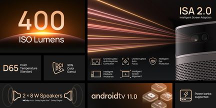 Multimediální projektor s technickými parametry: 400 ISO lumenů, standard barev D65, 90% gamut P3, Android TV 11.0, reproduktory 8W