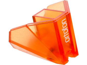 Ortofon 2M Bronze Stylus diamond in translucent orange and red, angular shape, fine-tipped