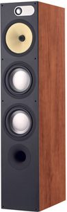 Akustická reprosoustava Bowers & Wilkins 683 v černém a dřevěném provedení, pohled zepředu, dva reproduktory viditelné na čelní straně