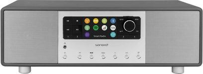 Radio Sonoro Akıllı Radyo, mat grafit grisi ve gümüş renk, ön görünüm, renkli ekran, kontrol düğmeleri ve kadranlar