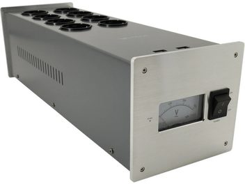 Taga Harmony PF-1000LPS sølv, perspektivvisning, front med sort afbryder og voltmeter, sider med slidser, top med 8 stik
