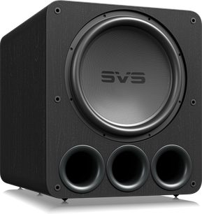 SVS PB17-Ultra subwoofer R|Evolution sort ask, set forfra, central cirkulær højttaler, 3 runde porte nederst