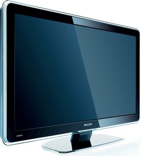 Philips 32PFL9613H fladskærms-TV, sort skærm, sølvfarvet fod, set lidt fra siden forfra