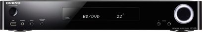 Onkyo LS7200 sort soundbar, set forfra, viser "BD/DVD 22" på LED-skærm, drejeknap til højre