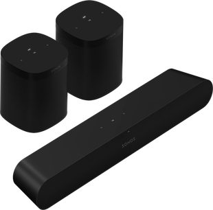 Sæt af Sonos mat sorte hjemmebiograflydanlæg: En soundbar og to cylindriske højttalere på hvid baggrund