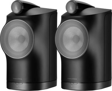 Trådløse, tilsluttede Bowers & Wilkins Formation Duo højttalere i sort, set forfra, to identiske højttalere ved siden af hinanden