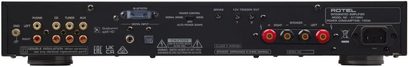Integreret stereo hi-fi forstærker Rotel A11 MKII, bagsidevisning, RCA-stik, højttalerterminaler, Bluetooth-indgang, strømstik